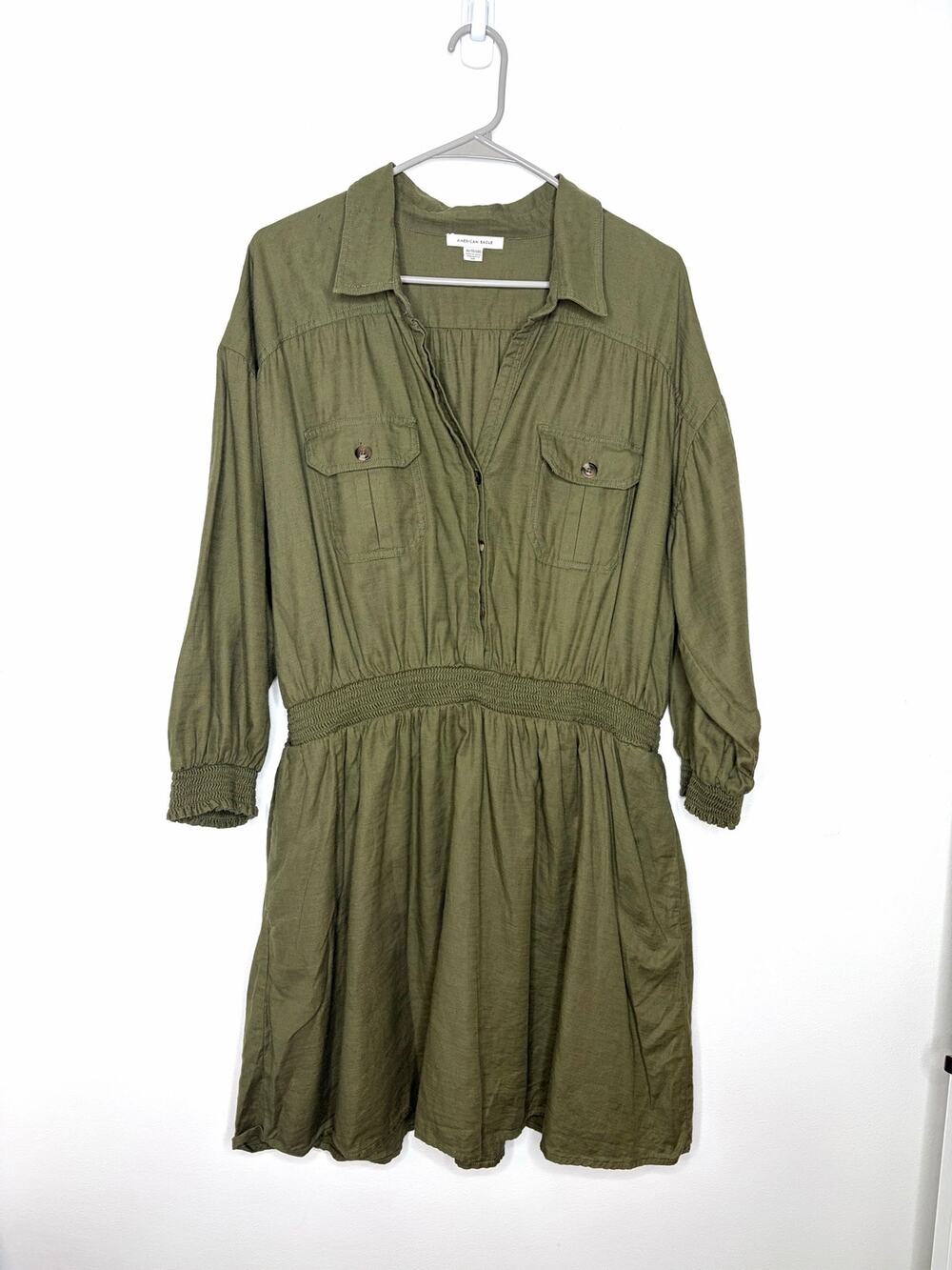 American Eagle Cotton Utility Mini Dress Sz XL Olive/Army Green Smocked Waist